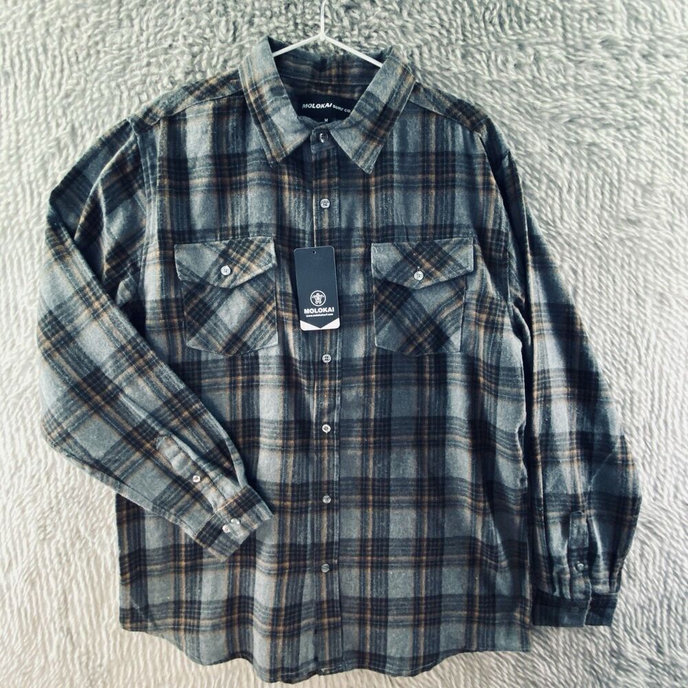 Molokai Surf Co Men's M Medium Blue Black Plaid Flannel Button Up Shirt